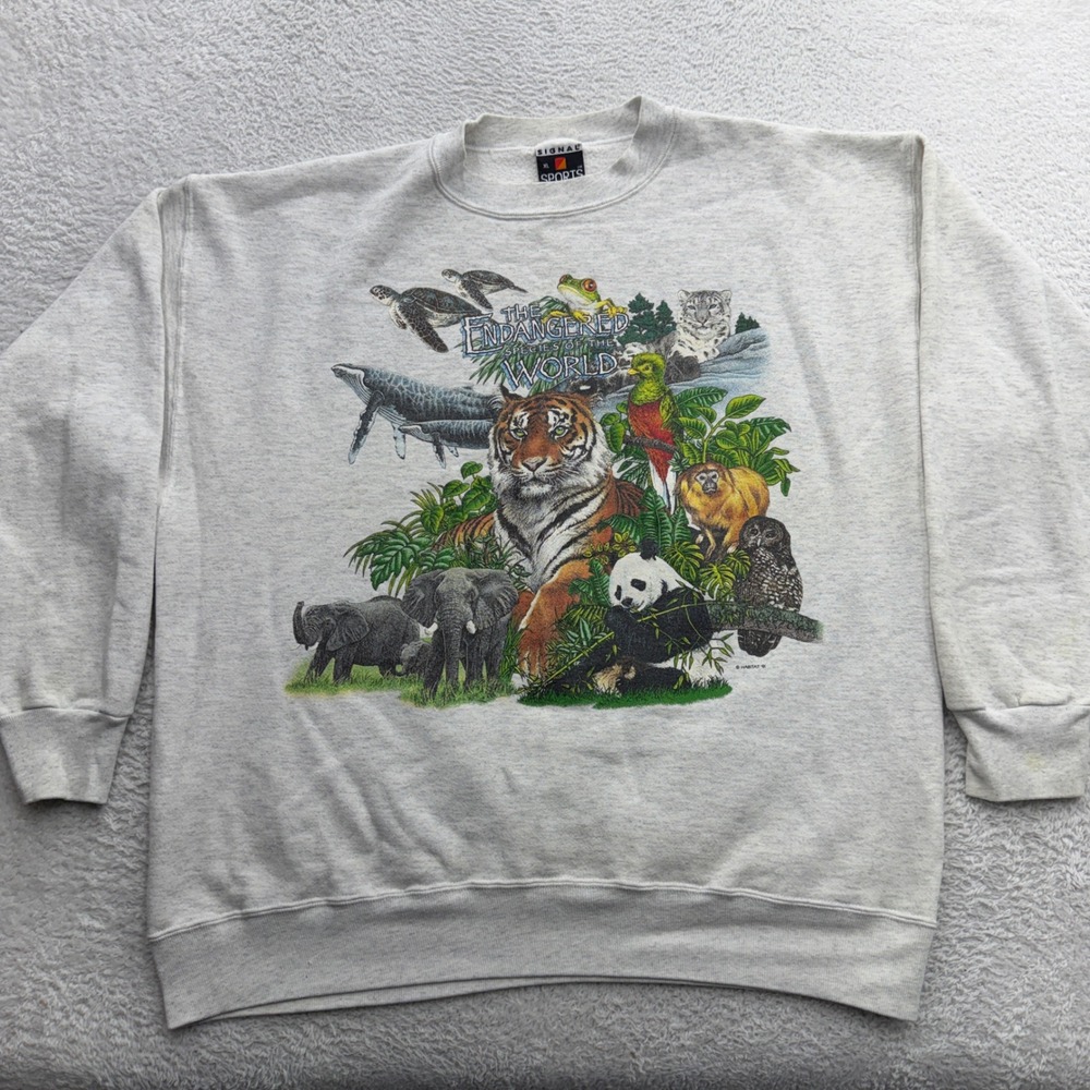 Vintage 1991 Signal Sports Endangered Species World Sweatshirt Grey XL USA Made